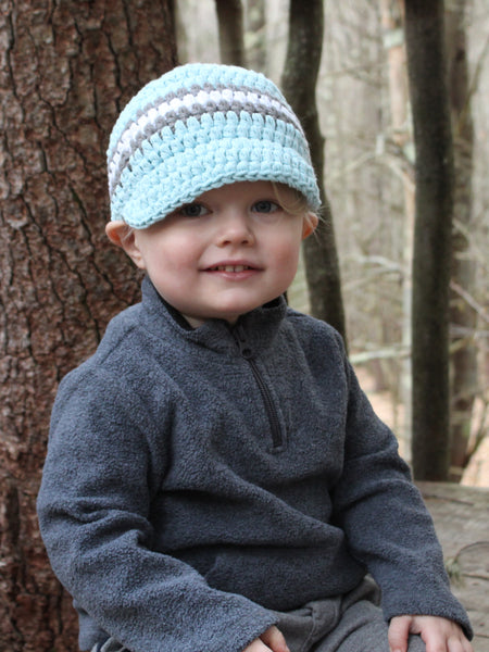 Pale blue, gray, & white striped visor beanie by Two Seaside Babes
