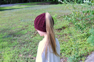 Red wine messy bun ponytail beanie winter hat