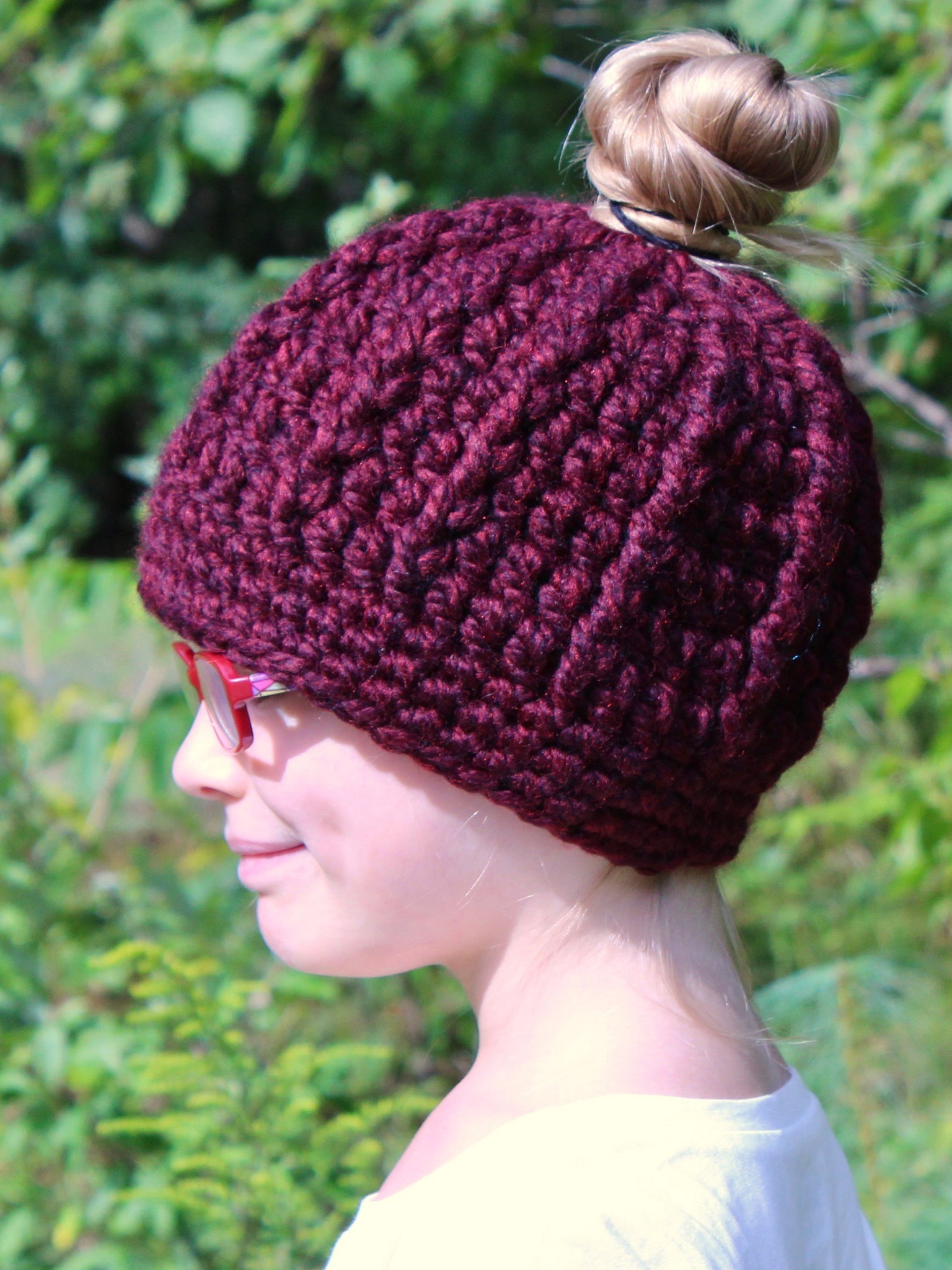 Red wine messy bun ponytail beanie winter hat by Two Seaside Babes