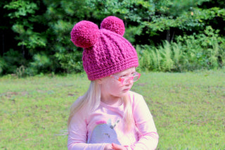 Raspberry pink double pom beanie winter hat