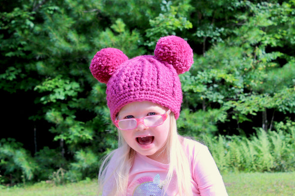 Raspberry pink double pom beanie winter hat