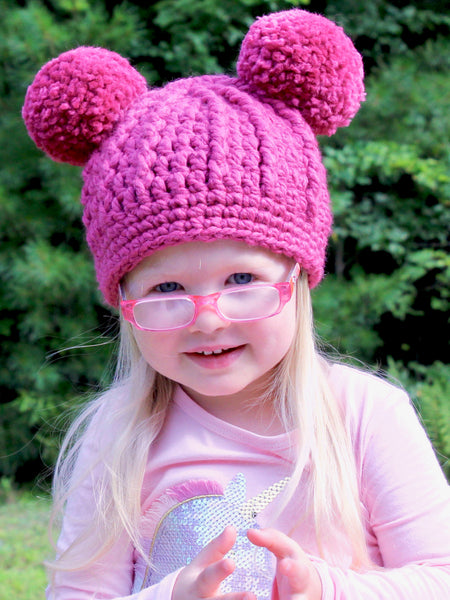 Raspberry pink double pom beanie winter hat by Two Seaside Babes