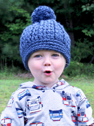 Denim blue pom beanie winter hat by Two Seaside Babes