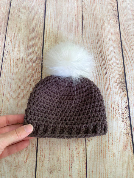 Charcoal gray faux fur pom pom hat by Two Seaside Babes