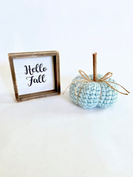 Sky blue fall farmhouse decor crochet pumpkin by Two Seaside Babes