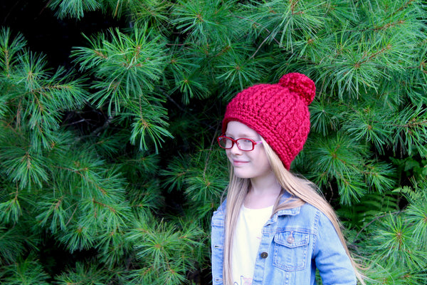Cranberry sparkle pom beanie winter hat