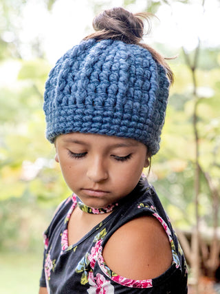 Denim blue messy bun ponytail beanie winter hat by Two Seaside Babes