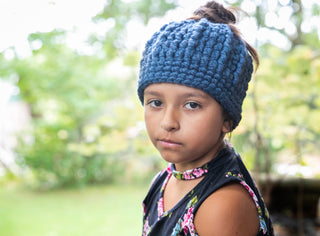 Denim blue messy bun ponytail beanie winter hat