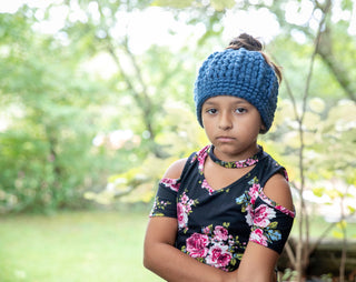 Denim blue messy bun ponytail beanie winter hat