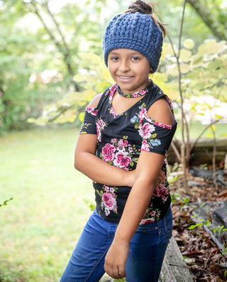 Denim blue messy bun ponytail beanie winter hat