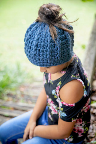 Denim blue messy bun ponytail beanie winter hat