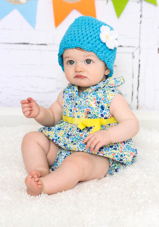 Bright blue flapper beanie hat | 40 flower colors available