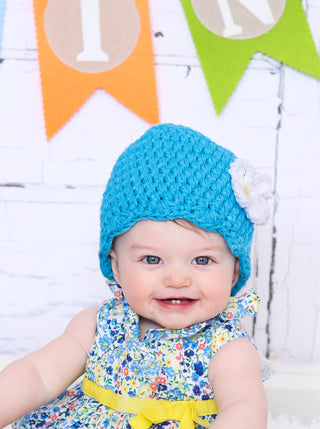 Bright blue flapper beanie hat | 40 flower colors available