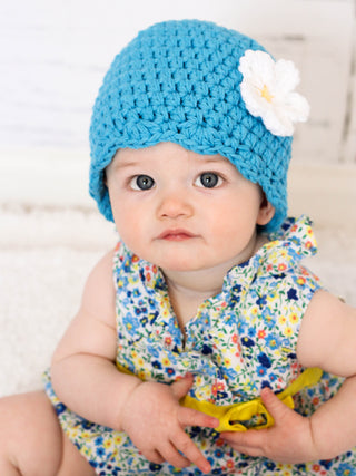 Bright blue flapper beanie hat | 40 flower colors available