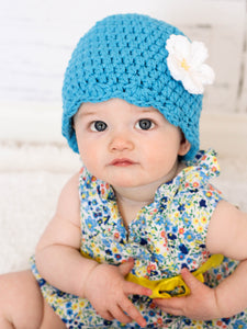 Bright blue flapper beanie hat | 34 flower colors available