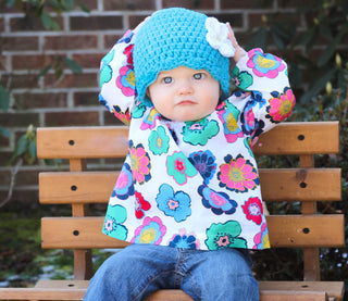 Bright blue flapper beanie hat | 40 flower colors available