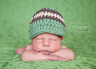 Newborn Olive Green, Chocolate Brown, & Khaki Striped Visor Beanie