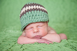 Newborn Olive Green, Chocolate Brown, & Khaki Striped Visor Beanie