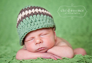 Newborn Olive Green, Chocolate Brown, & Khaki Striped Visor Beanie