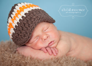 Newborn Chocolate Brown, Ecru, & Orange Striped Visor Beanie