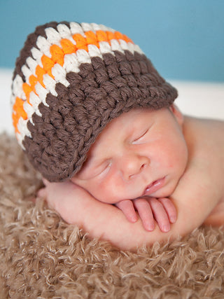 Newborn Chocolate Brown, Ecru, & Orange Striped Visor Beanie