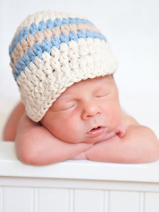 Newborn Ecru, Light Blue, & Khaki Striped Visor Beanie