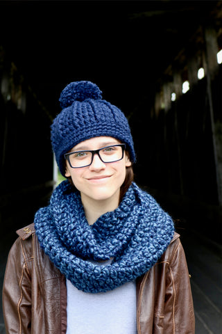 Navy blue pom beanie winter hat