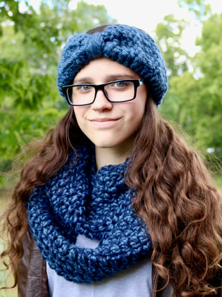 Denim blue knotted bow winter headband by Two Seaside Babes