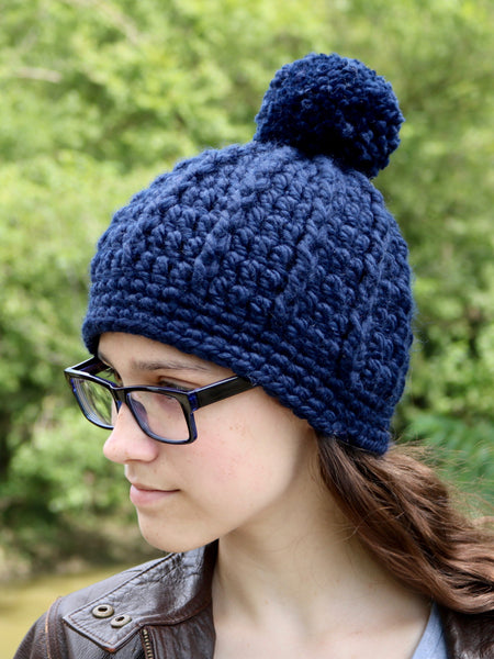 Navy blue pom beanie winter hat by Two Seaside Babes