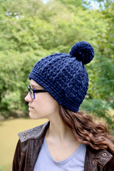 Navy blue pom beanie winter hat
