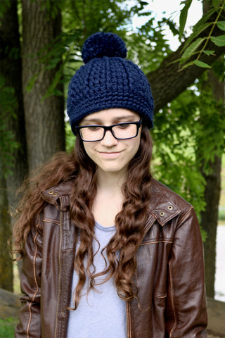 Navy blue pom beanie winter hat