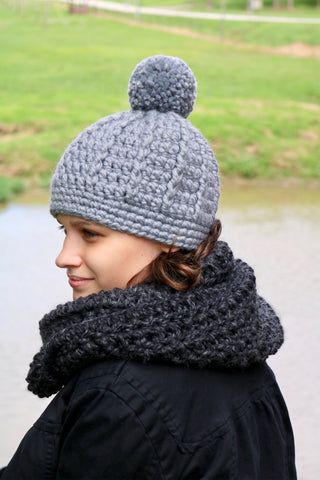 Slate gray pom beanie winter hat