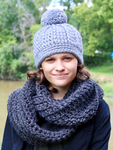 Slate gray pom beanie winter hat by Two Seaside Babes