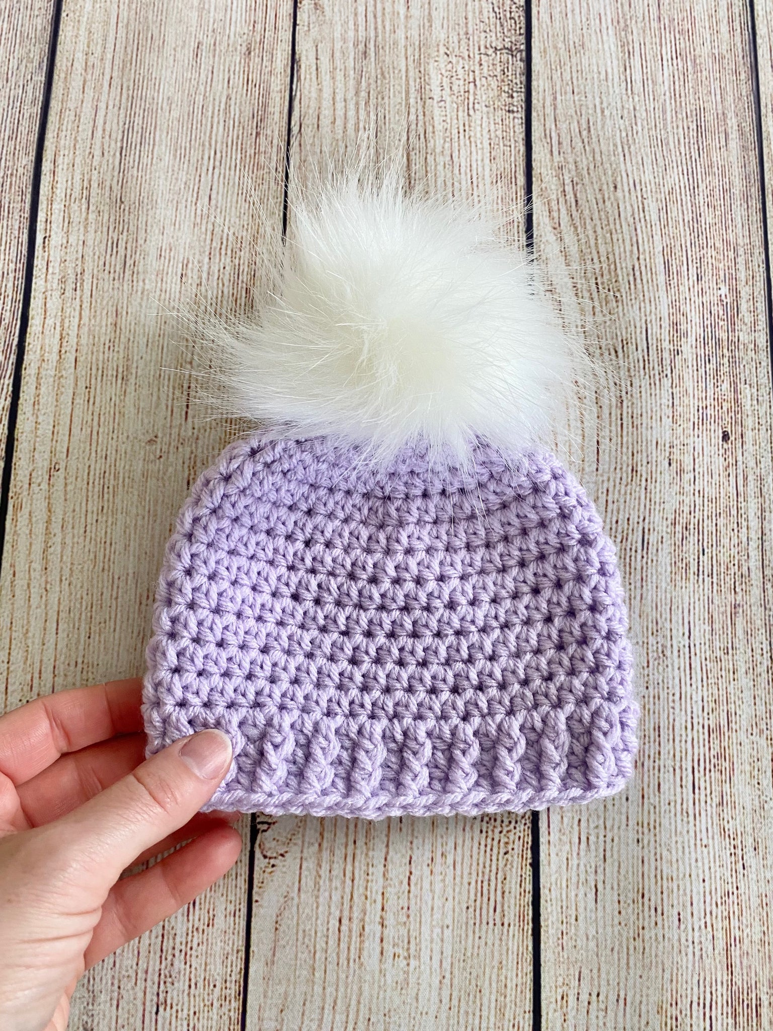 Lavender faux fur pom pom hat by Two Seaside Babes