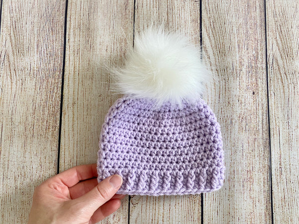 Lavender faux fur pom pom hat