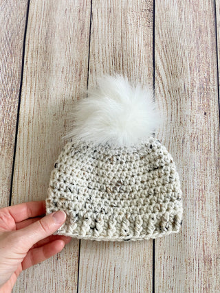 Oatmeal faux fur pom pom hat by Two Seaside Babes