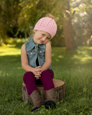 Pink blossom messy bun ponytail beanie winter hat