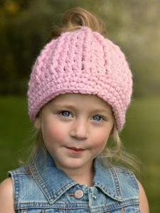 Pink blossom messy bun ponytail beanie winter hat by Two Seaside Babes