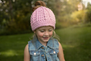 Pink blossom messy bun ponytail beanie winter hat