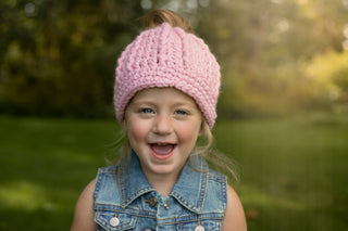 Pink blossom messy bun ponytail beanie winter hat