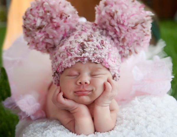 Newborn Pink & Brown Pom Pom Hat