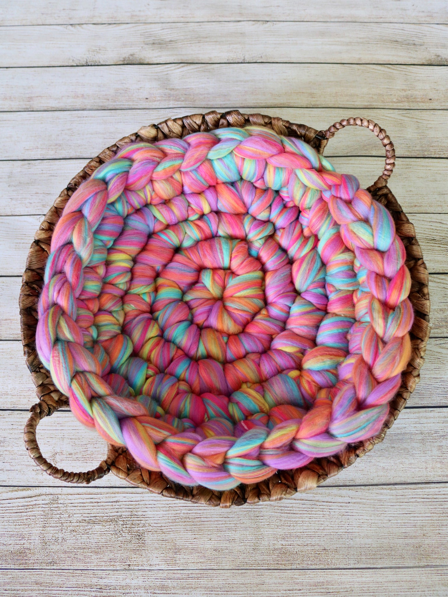 Bright rainbow newborn photo prop chunky round bump blanket by Two Seaside Babes