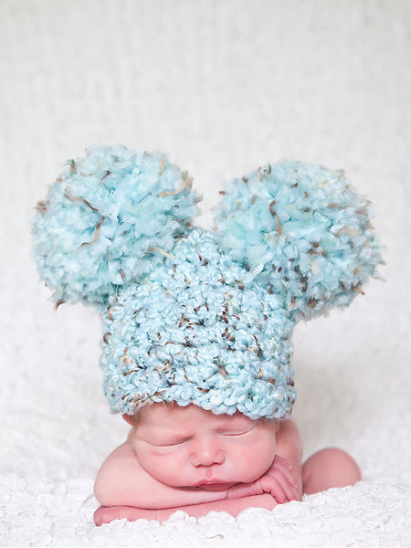 Sea Blue & Brown giant pom pom hat - newborn, baby, toddler, kid, & women's sizes by Two Seaside Babes