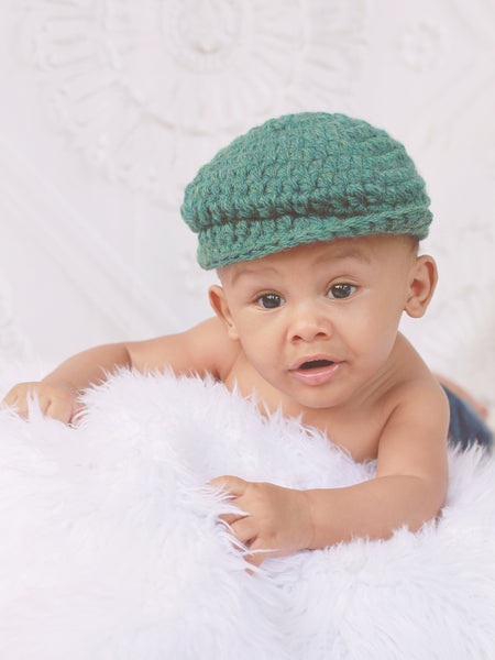 0 to 3 Month Heather Green | Irish wool Donegal newsboy hat, flat cap, golf hat | newborn, baby, toddler, boy, & men's sizes