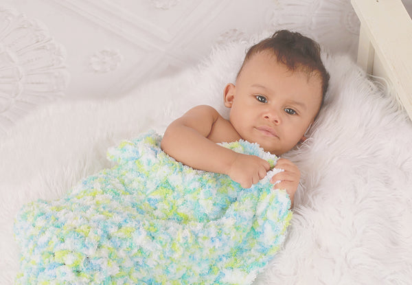 17" x 17" Aqua Blue, Lime Green, & White | soft crochet baby blanket, wrap | for newborns, babies, toddlers | lovey, crib sizes