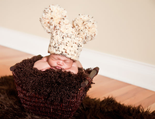 Newborn Month Sand & Brown Pom Pom Hat