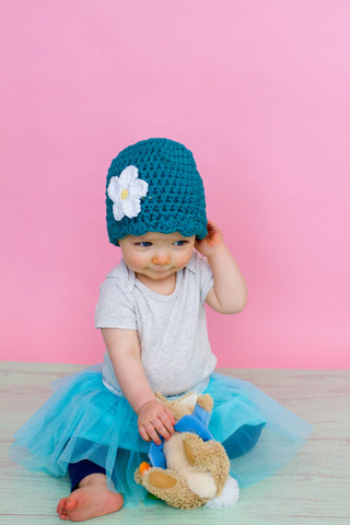 Teal flapper beanie hat | 34 flower colors available