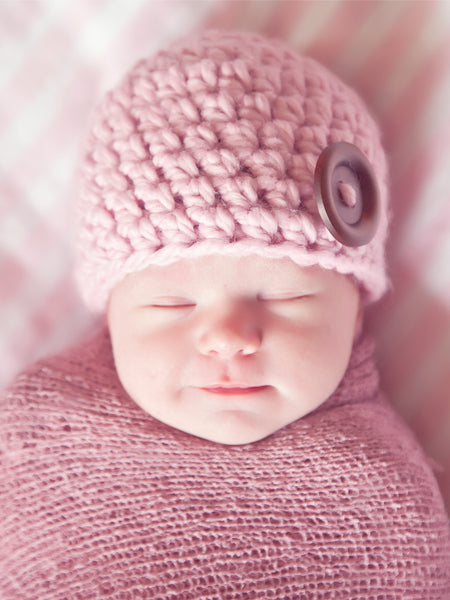 Pink blossom button beanie baby hat by Two Seaside Babes