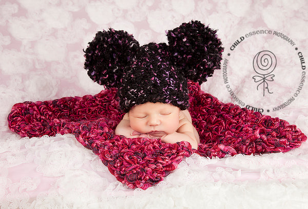 Newborn Black, Pink, & Black Pom Pom Hat