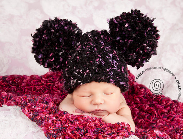 Newborn Black, Pink, & Black Pom Pom Hat